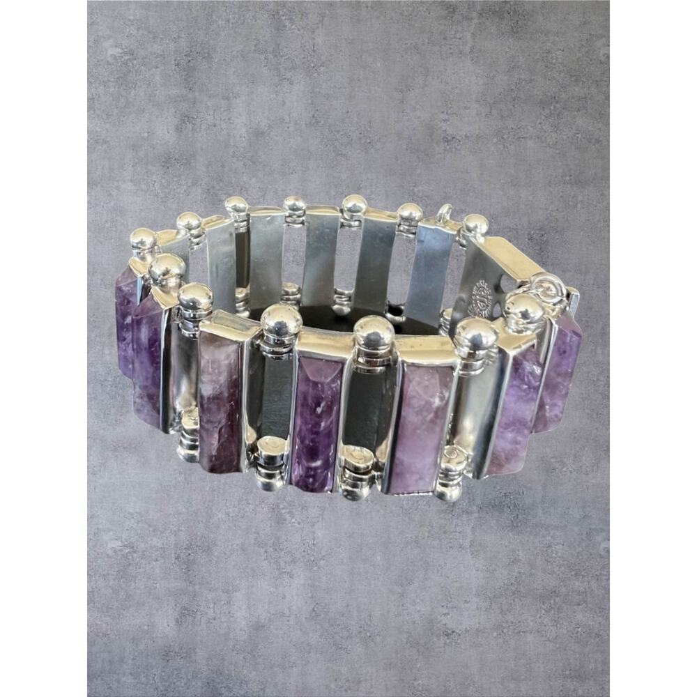 Taxco Mexico 970 Silver Amethyst Bracelet 91g Vtg Modernist Signed HEAVY Pineda - Picture 3 of 8